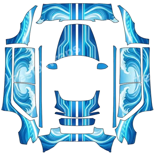 Tesla Model 3 (2024+) Standard & Premium — ocean waves, racing stripe, neon sequences. Colors: blue, white. PNG wrap texture