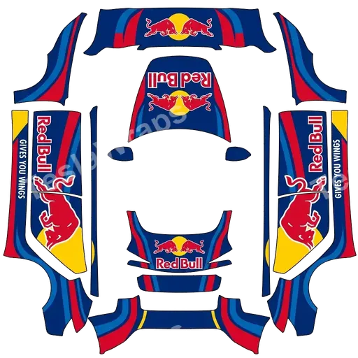 Tesla Model 3 (2024+) Standard & Premium — Redbull design. Colors: red, blue, yellow. PNG wrap texture