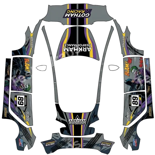 Tesla Model 3 2017-2023 — PNG-Wrap-Textur: Batman y joker peleando , coche de carreras y fondo gris mate.