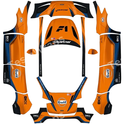 Tesla Model Y 2020-2024 — textura PNG del diseño Mclaren F1 with realistic design. Sponsor logos around the car..