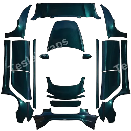 Tesla Model 3 (2024+) Standard & Premium — PNG-Wrap-Textur: Dark Blue-green metallic shining color wrap.