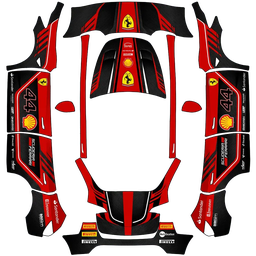Create a full-body custom wrap design for a 2024 Tesla Model Y, inspired by the 2025 Ferrari Formula 1 race car livery. The wrap should feature bold Ferrari F1 styling with dynamic red, black, and sponsor-like accents covering the entire vehicle surface, leaving no blank or unwrapped areas. On both side doors, prominently display the number 44 in racing style to represent Lewis Hamilton. Ensure the design flows seamlessly across the hood, roof, sides, and rear, maintaining a professional motorsport aesthetic.