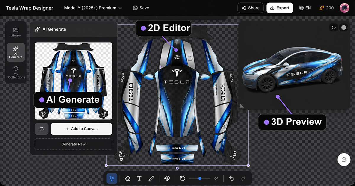 Tesla wrap editor: AI generate, 2D UV canvas, and 3D preview